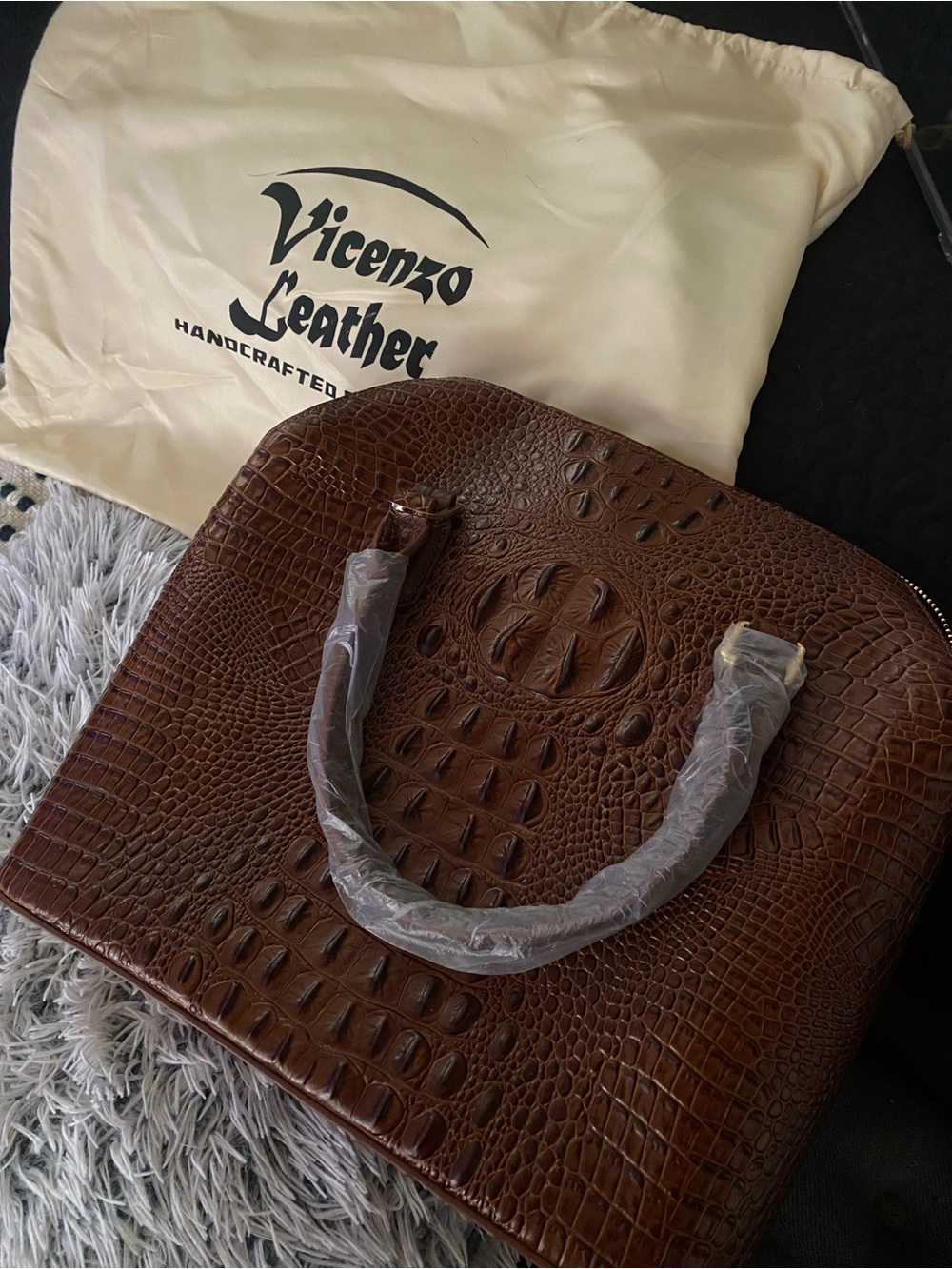 Vincenzo Leather Chocolate Brown Croc-Embossed Satchel - Picture 3 of 3